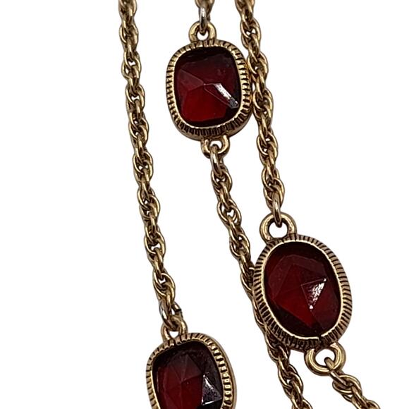 Monet Red Rhinestone Long Necklace, 54", Gold Tone Rope Chain - Picture 5 of 10
